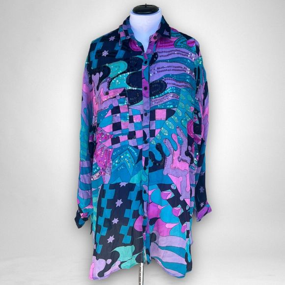 SOLD Vintage Judith Ann Plus Silk Button Up Tunic Blouse Embellished 2X Sequins - Picture 1 of 11